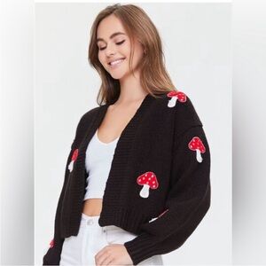 Forever 21 Black Cardigan with Red Mushroom Embroidery